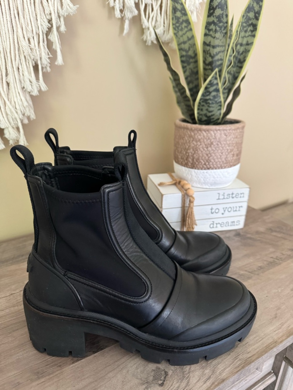 Tory Burch Black Platform Chelsea Boots with Logo Heel